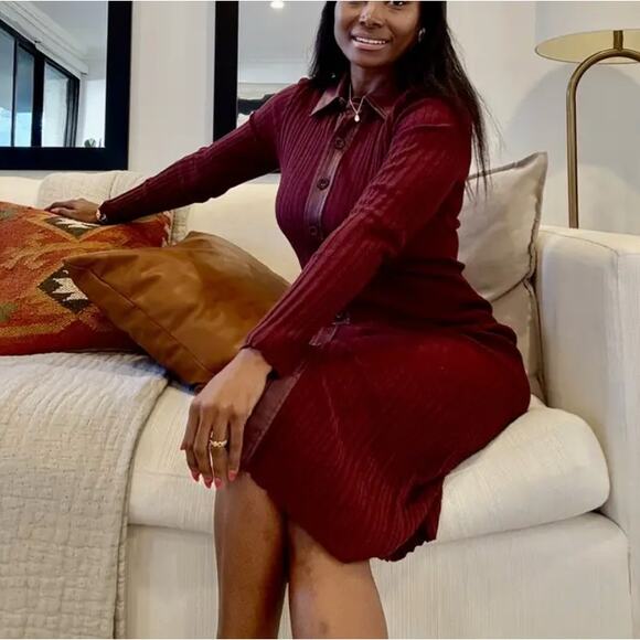 Toccin Burgundy Ribbed Knit Shirt Dress MEDIUM Midi Office Work Designer $525 - Picture 4 of 14